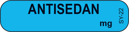 Blue ANTISEDAN syringe label with bold black centered text
