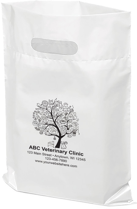 Personalized veterinary promotional bag displaying a tree illustration composed of pet and veterinary-themed icons, including dogs, cats, paw prints, birds, fish, treats, and medical symbols. The centered artwork appears above a structured area for practice information on a white recyclable plastic tote bag.