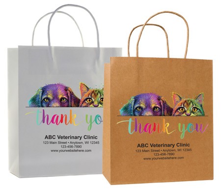 veterinary handled bag with vibrant dog and cat artwork and thank you script