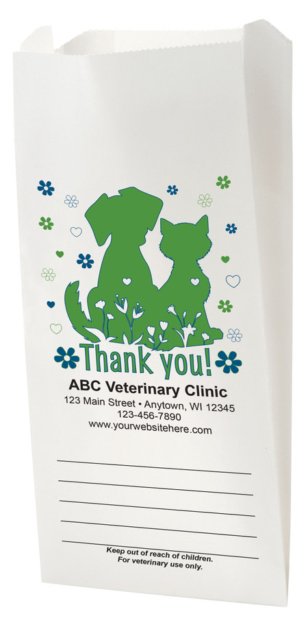 White Paper veterinary prescription bag with dog and cat silhouette and floral Thank You design.