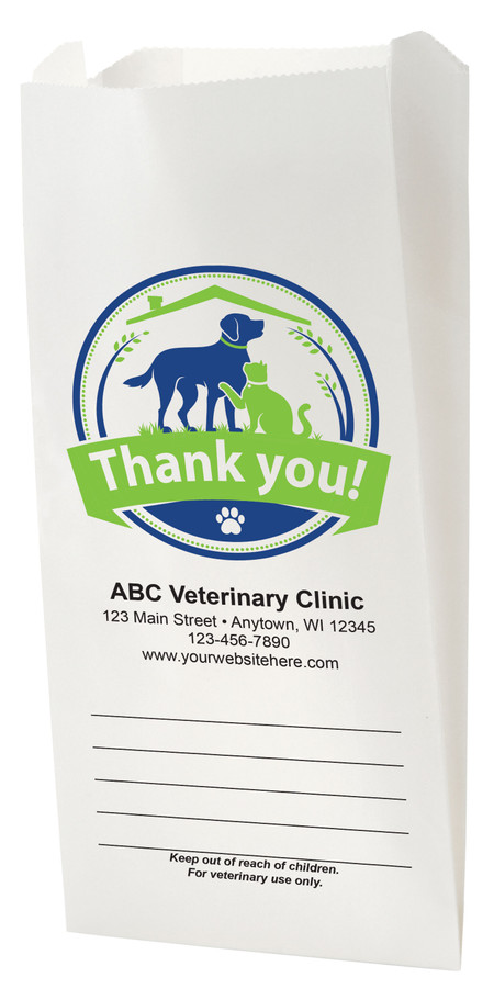 White Paper veterinary prescription bag with dog and cat badge logo Thank You design.