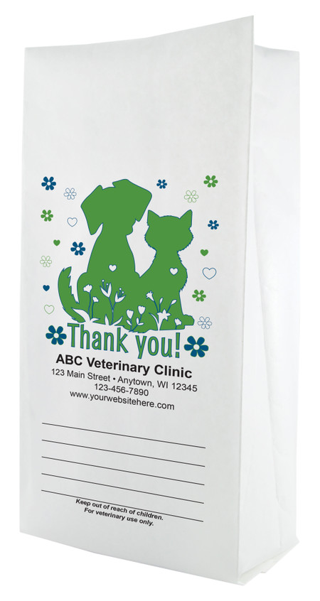 White paper veterinary prescription bag featuring veterinary prescription bags with dog and cat silhouette Thank You design and floral accents