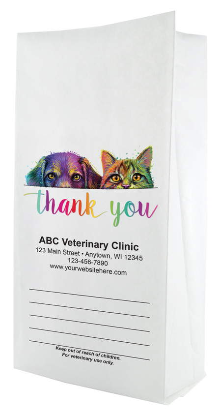 White paper veterinary prescription bag featuring veterinary prescription bags with colorful dog and cat peek design and Thank You script