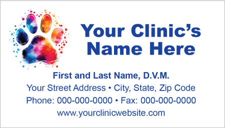 Veterinary business card featuring a vibrant watercolor paw print in blue, purple, pink, orange, and yellow beside clinic contact information.

