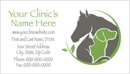 Veterinary business card featuring horse, dog, and cat silhouettes within a circular green and gray animal care emblem with clinic contact information.

