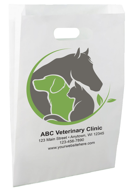 White die-cut handle paper bag featuring gray horse, dog, and cat silhouettes within a green circular design accented by leaf elements.

