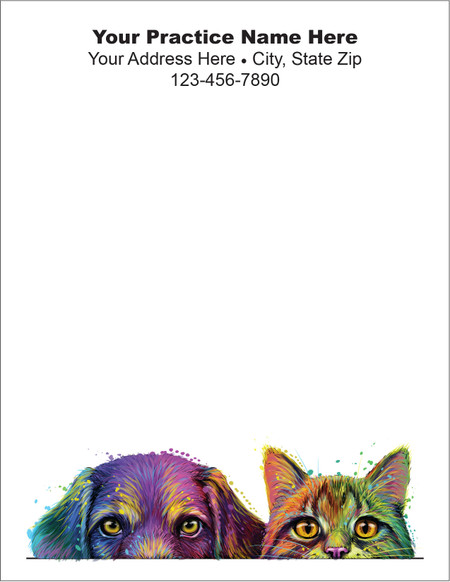 Colorful illustrated dog and cat portraits along the bottom edge of a veterinary notepad with practice information centered at the top.

