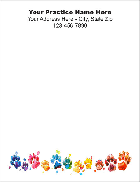 Colorful paw print border featuring blue, purple, pink, orange, yellow, green, and red paw prints along the bottom of the notepad.

