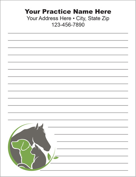 Lined veterinary notepad with gray horse, dog, and cat silhouettes inside a green circular design in the lower left corner.

