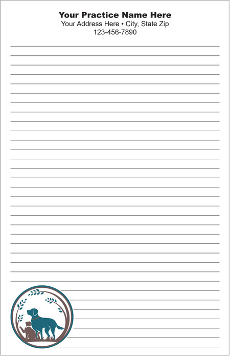 Lined veterinary notepad featuring a circular dog and cat emblem with leafy branches in the lower corner and practice information centered at the top.

