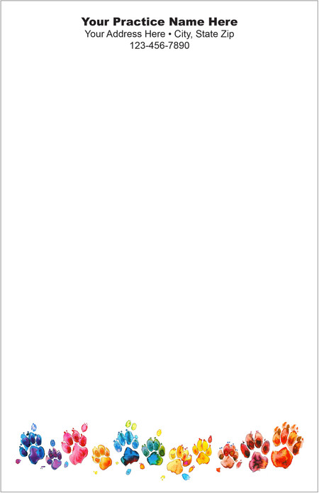 Half-size veterinary notepad featuring a row of multicolored paw prints along the bottom edge and practice information centered at the top.

