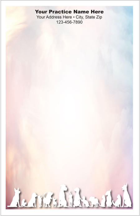 Half-size veterinary notepad with white companion animal silhouettes along the bottom border and a pastel background with practice information at the top.

