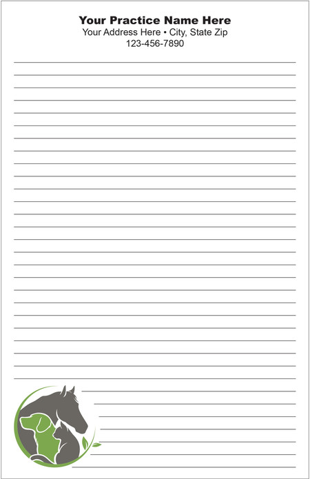 Lined veterinary notepad featuring horse, dog, and cat silhouettes inside a green circular border with leaf accents in the lower corner.

