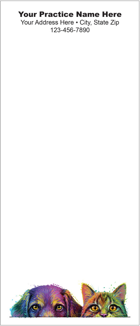 Tall veterinary notepad featuring colorful illustrated dog and cat portraits along the bottom edge with practice information displayed at the top.

