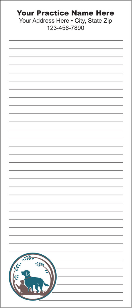 Tall veterinary notepad with ruled writing lines and a circular dog and cat emblem surrounded by branches and leaf accents in the lower corner.

