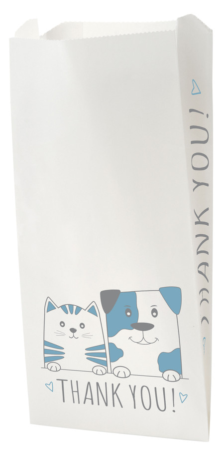 White veterinary bag with gray and blue cat and dog illustration and “THANK YOU!” text

