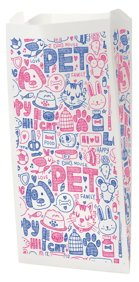 White veterinary bag with blue and pink pet illustrations, “PET” text, and small words like “LOVE,” “HI CAT,” and “FOOD”

