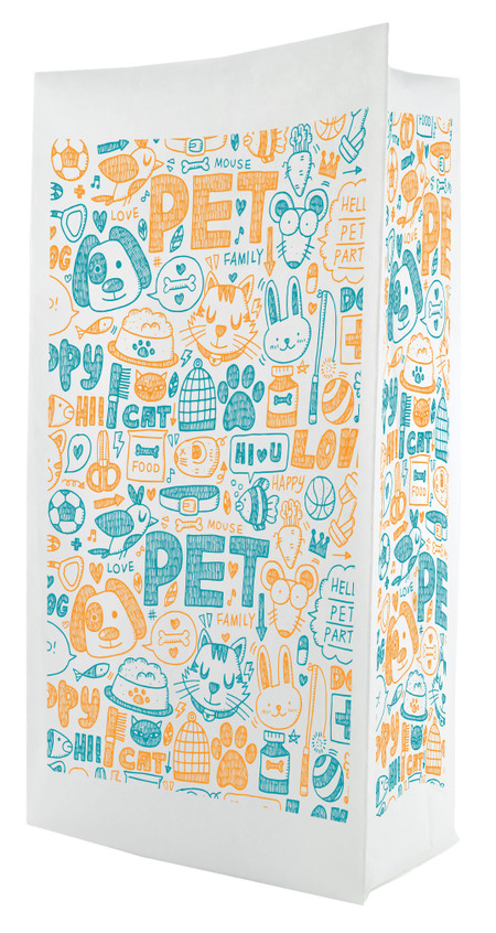 A flat bottom bag with a white background features a dense pattern of playful orange and teal pet-themed illustrations, including cats, dogs, paw prints, bowls, toys, and the word “PET” repeated throughout the design.

