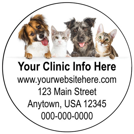 Circle veterinary sticker featuring photographs of two dogs and two cats above customizable clinic contact information.

