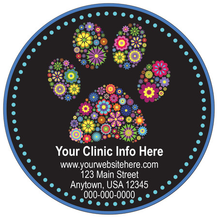 Circle veterinary sticker featuring a colorful floral paw print on a black background with blue border accents and customizable clinic information.

