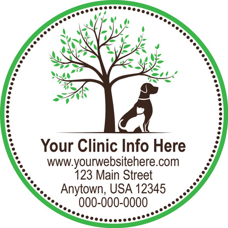 Circle veterinary sticker featuring a leafy tree with dog and cat silhouettes, bordered by green and brown circular accents and customizable clinic information.

