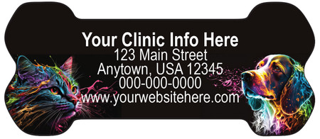 Bone-shaped veterinary sticker featuring colorful dog and cat portraits on a black background with customizable clinic contact information.

