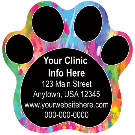 Paw print veterinary sticker featuring a colorful paint splash background, black paw pads, and customizable clinic contact information in the center.

