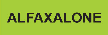 ALFAXALONE label with black uppercase text on a bright green rectangular background

