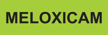 MELOXICAM label with black uppercase text on a bright green rectangular background

