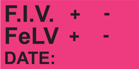 Bright pink rectangular sticker with F.I.V. and FeLV fields, plus and minus indicators, and DATE line

