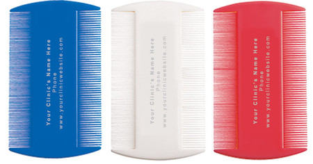Red, white, and blue personalized pet combs with centered silver vertical imprint displaying a clinic name, phone number, and website address within the custom imprint area.

