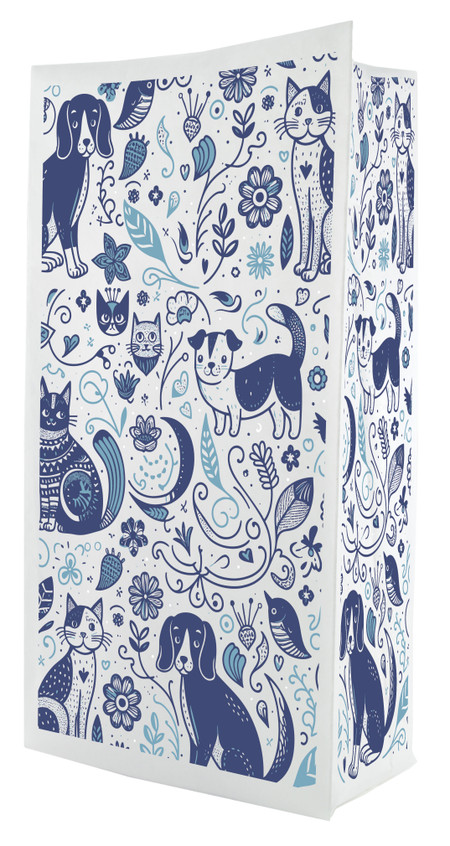 A flat bottom bag with a white background features a detailed pattern of blue illustrations of cats, dogs, birds, flowers, and leaves arranged in a decorative, whimsical design.

