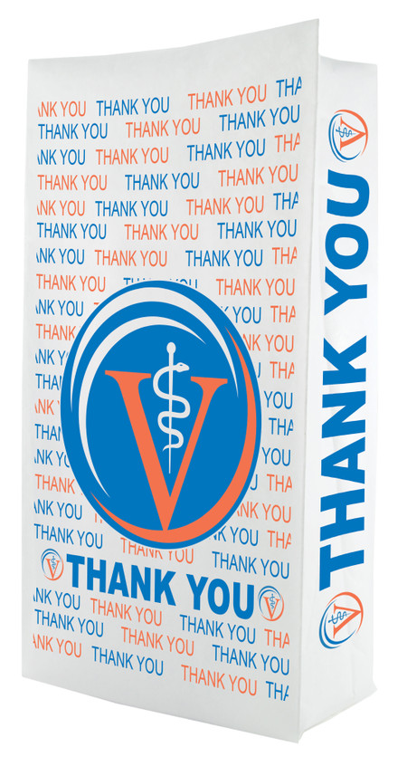 A flat bottom bag with a white background features a repeating pattern of blue and orange “THANK YOU” text, along with a large veterinary symbol (a “V” with a medical staff) centered on the front.

