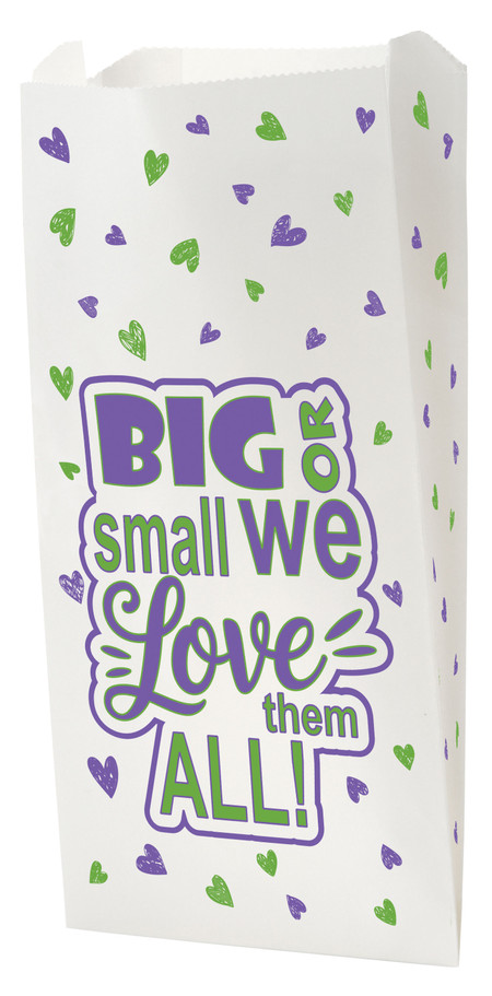 White paper bag with scattered purple and green hearts and the text “BIG or small we Love them ALL!”

