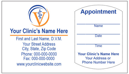 Veterinary sticker appointment business card with blue and orange veterinary symbol logo, clinic information area, and peel-off appointment reminder section.

