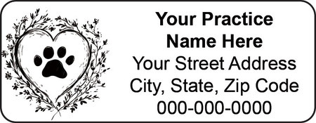 Veterinary label with heart outline, paw print, and floral line details