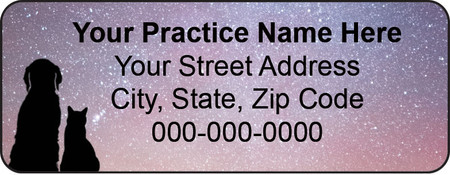 Veterinary label with starry sky background and dog and cat silhouettes