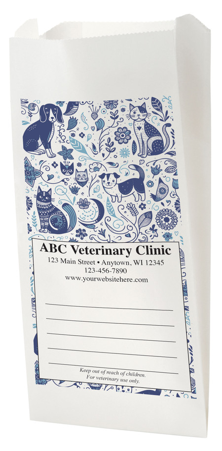 White standard veterinary prescription bag with a blue monochrome pattern of illustrated dogs, cats, flowers, and decorative shapes, plus a centered write-on panel for clinic details.