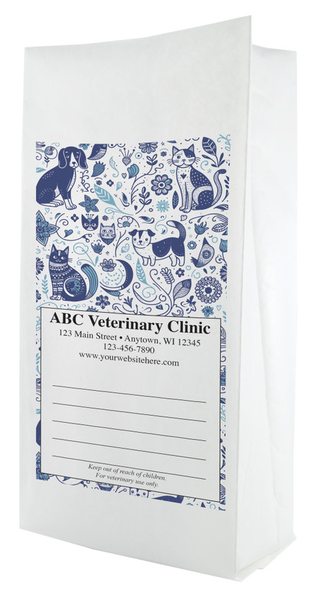 White paper veterinary prescription bag featuring veterinary prescription bags with detailed dog and cat floral pattern design