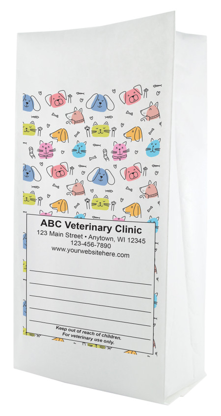 White paper veterinary prescription bag featuring veterinary prescription bags with colorful dog and cat doodle pattern