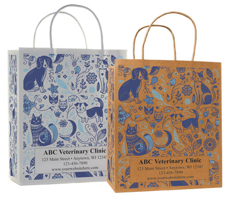 veterinary handled bag with whimsical dog and cat floral pattern