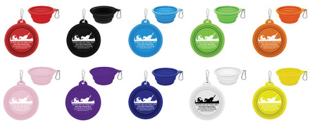 Personalized collapsible pet bowl available in multiple colors with dog and cat silhouette graphic, "Healthy pets are happy pets!" text, custom clinic information area, and metal carabiner clip.

