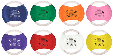 Pet face illustrations surrounding clinic information within a square imprint area on a colored rope flier with a white rope border.

