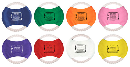 Paw print frame artwork surrounding clinic contact information on a colored rope flier with a rounded rectangular border and white rope edge.

