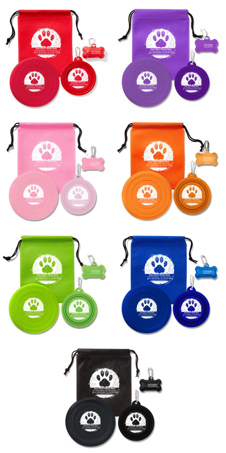  Personalized Pet Play Kit available in red, purple, pink, orange, green, blue, and black colors featuring a large paw print inside a distressed circular graphic with custom clinic information on the drawstring bag, collapsible pet bowl, silicone flier, and pet waste dispenser.

