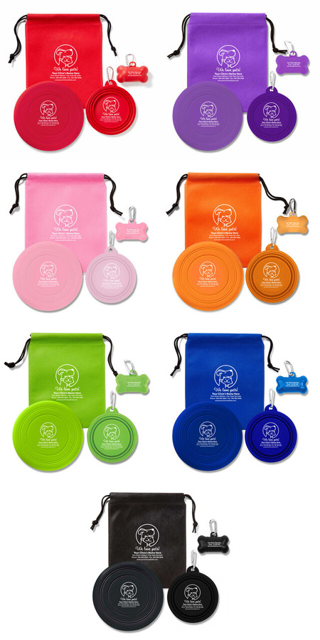 Personalized Pet Play Kit available in red, purple, pink, orange, green, blue, and black colors featuring a line-art dog and cat illustration inside a circle with the message "We love pets!" on the drawstring bag, collapsible pet bowl, silicone flier, and pet waste dispenser.


