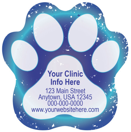 Paw print veterinary sticker featuring a blue gradient background, distressed white accents, light gray paw pads, and customizable clinic information.

