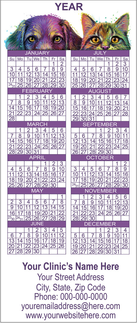 Colorful dog and cat portraits above a purple year slim calendar with two-column month layout and personalized business imprint area below.