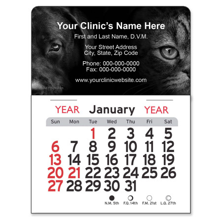 Black-and-white mini calendar featuring close-up dog and cat portraits with customizable veterinary clinic information and monthly calendar pad below.

