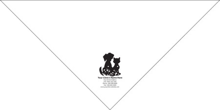 Large personalized pet bandana featuring a black silhouette of a dog and cat with two smaller pet silhouettes below and customized clinic contact information underneath.

